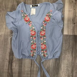 Floral button down tie blouse